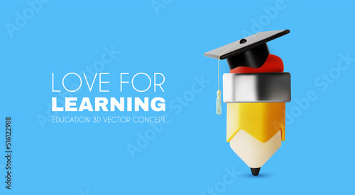 Learning concept. Studying design cute pencil and graduate cap.