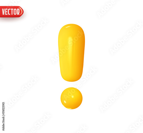 Exclamation sign yellow colors. Realistic 3d design In plastic cartoon style. Icon isolated on white background. Vector illustration