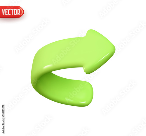 Curve arrow green color. Realistic 3d design In plastic cartoon style. Icon isolated on white background. Vector illustration