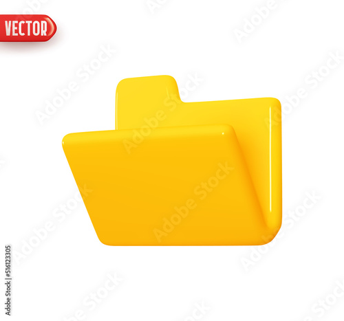 Folder file. Folder with document archive. Open Computer file yellow color. Realistic 3d design In plastic cartoon style. Icon isolated on white background. Vector illustration