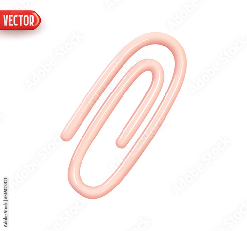 Paper clip pink color. Realistic 3d design In plastic cartoon style. Icon isolated on white background. Vector illustration