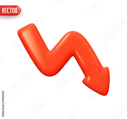 Curve arrow indicator pointing down red color. Realistic 3d design In plastic cartoon style. Icon isolated on white background. vector illustration