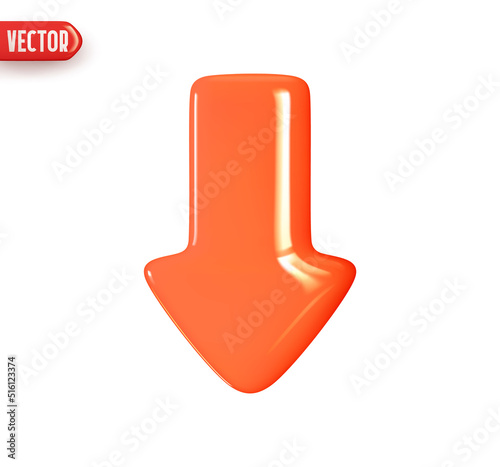 Arrow pointing down red color. Realistic 3d design In plastic cartoon style. Icon isolated on white background. Vector illustration
