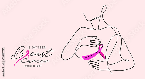 One line drawing of woman self check breast cancer and awareness ribbon