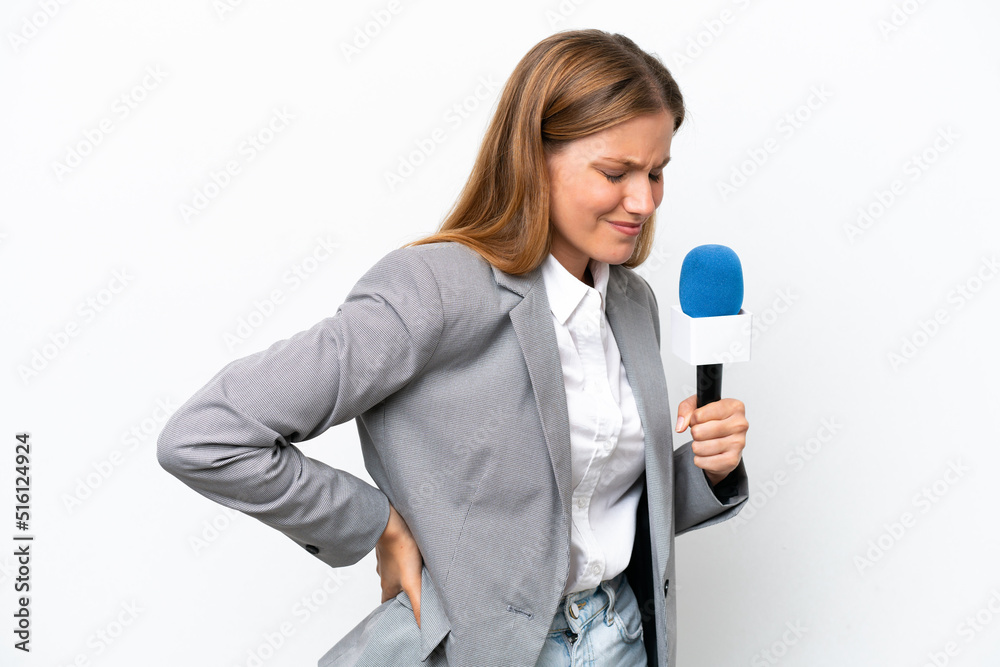 Young caucasian tv presenter woman isolated on white background suffering from backache for having made an effort