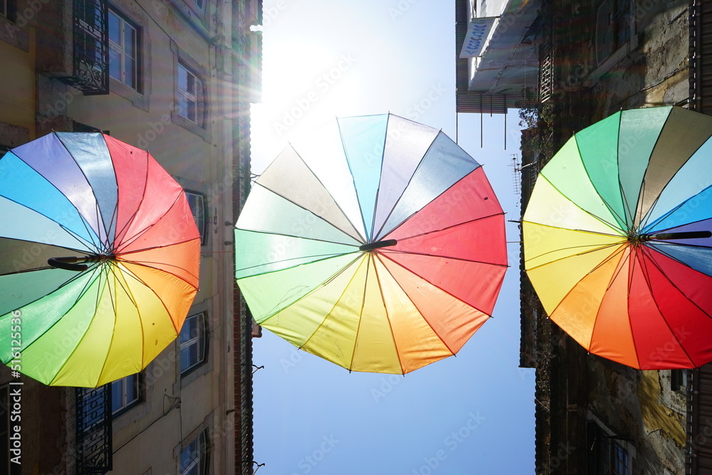 Hanging umbrellas in Lisbon road, Portugal