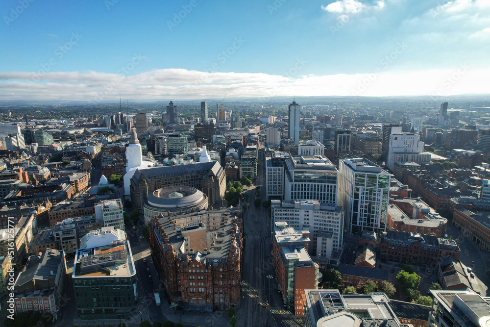 Manchester City Centre Drone Aerial View Above Building Work Skyline Construction Blue Sky Summer 2022 Beetham Tower Deansgate Square