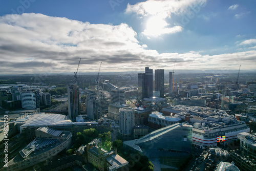 Manchester City Centre Drone Aerial View Above Building Work Skyline Construction Blue Sky Summer 2022 © Sam Foster