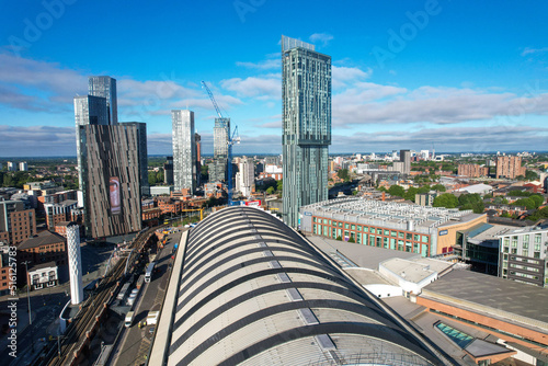 Valokuvatapetti Manchester City Centre Drone Aerial View Above Building Work Skyline Constructio