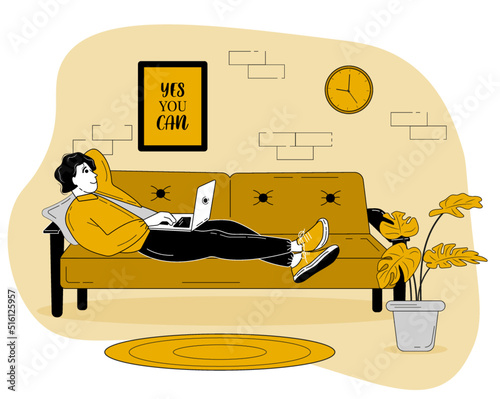 Illustration of a man lying on the sofa and learning online. Online education concept. Cartoon character working amd learning from home. Yellow colour.