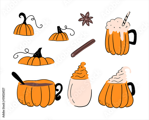 Set of hot autumn drinks with spice, spoon and cap. Vector graphic ellements for poster, postcard, t shirt design. Hand drawn outline illustration in doodle style. Pumpkin drawing