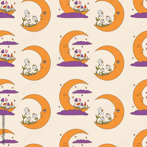 Abstract seamless pattern with day and night crescent characters. 60s, 70s style groovy background with mystic half moon elements. Psychedelic hippie texture