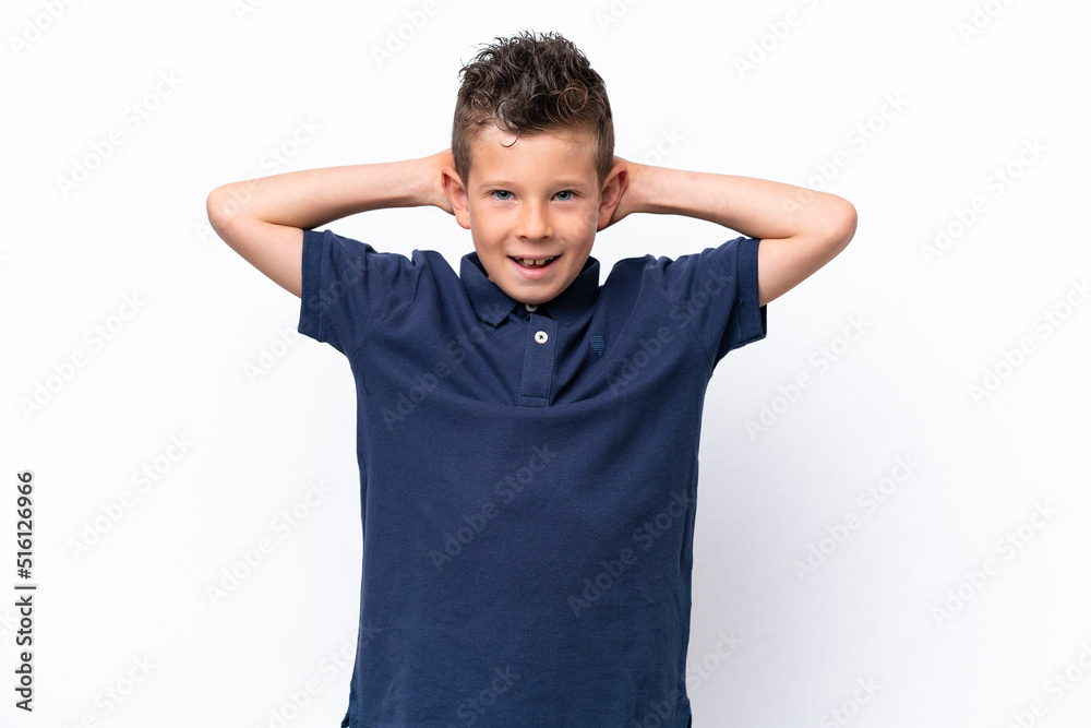 Little caucasian boy isolated on white background laughing Little caucasian boy isolated on white background laughing