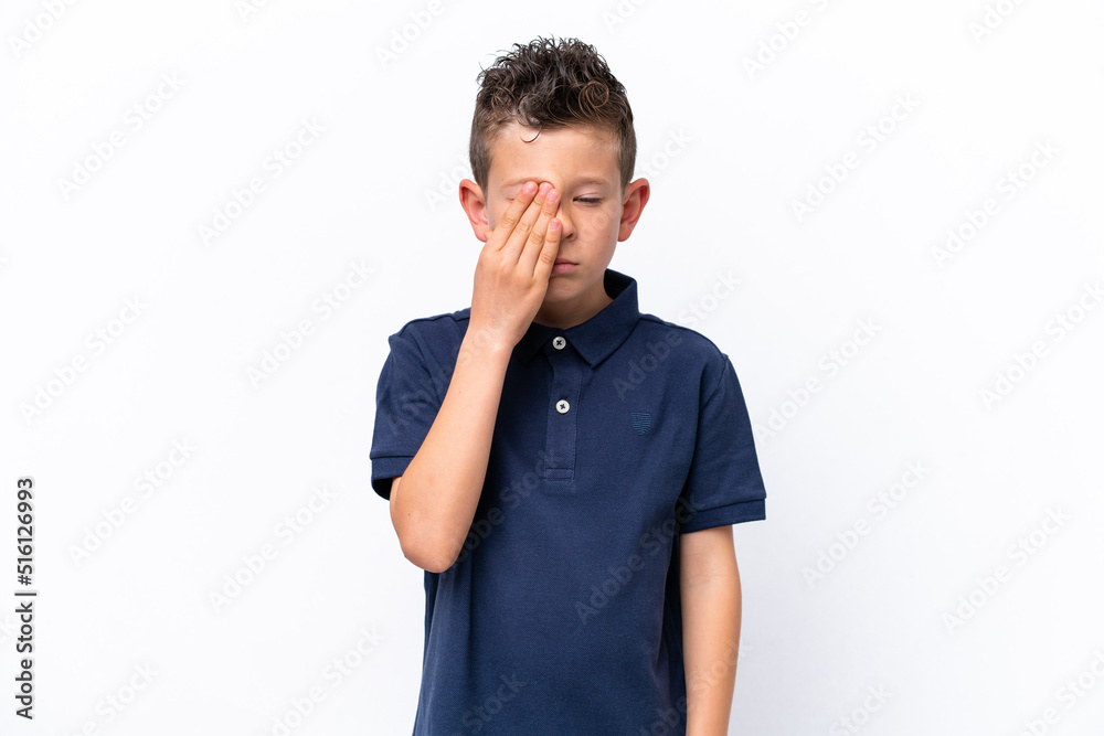 Little caucasian boy isolated on white background with headache Little caucasian boy isolated on white background with headache