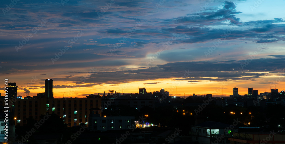 The colorful sky at sunset during twilight after the rain, gives a dramatic feeling, a bird-eye view of the city at twilight, a beautiful sky with clouds,Sky background with clouds,Nature abstract.