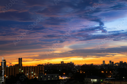 The colorful sky at sunset during twilight after the rain  gives a dramatic feeling  a bird-eye view of the city at twilight  a beautiful sky with clouds Sky background with clouds Nature abstract.