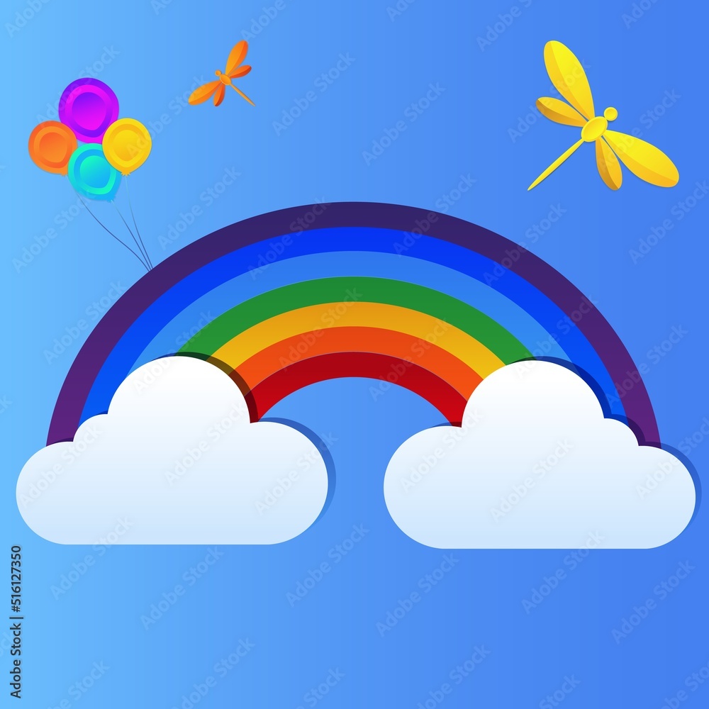 Postcard banner with sky clouds and rainbow, butterfly, and dragonfly