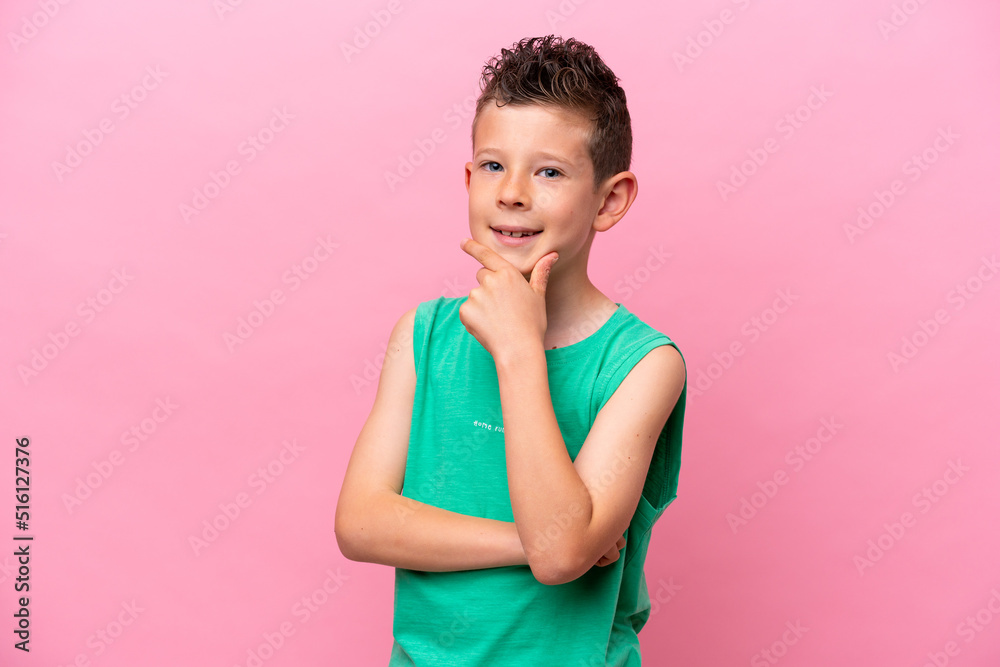 Little caucasian boy isolated on pink background happy and smiling Little caucasian boy isolated on pink background happy and smiling