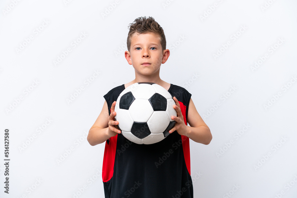 Little caucasian boy isolated on white background with soccer ball Little caucasian boy isolated on white background with soccer ball