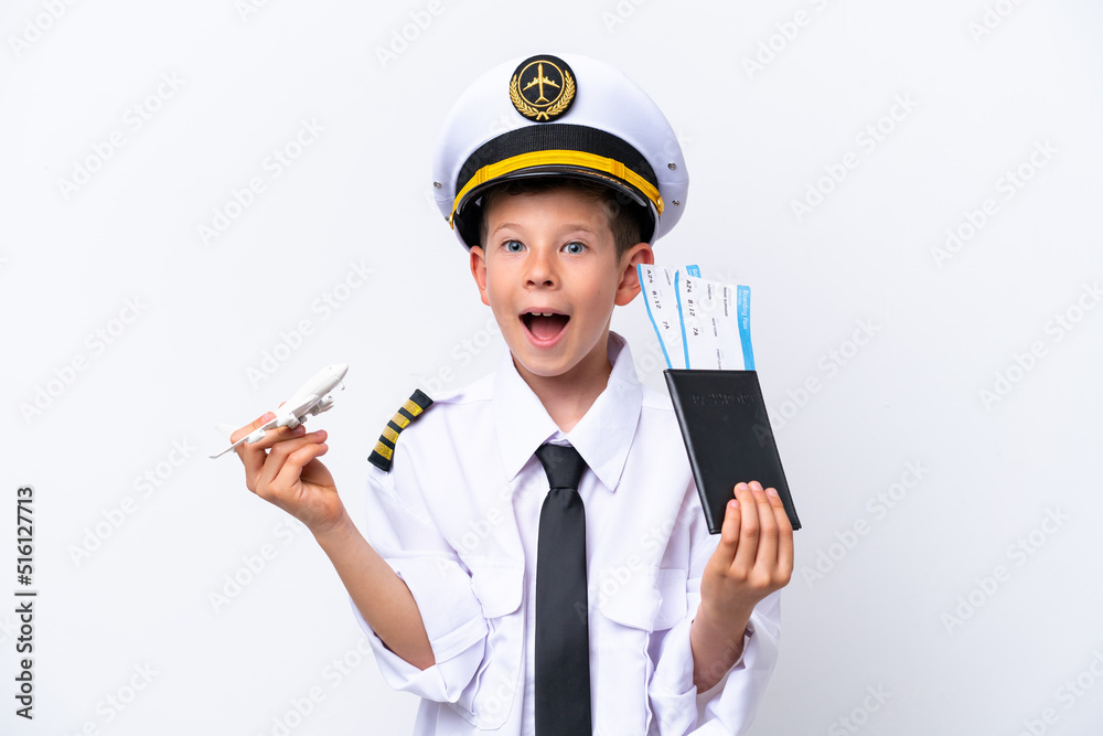 Little airplane pilot boy isolated on white background