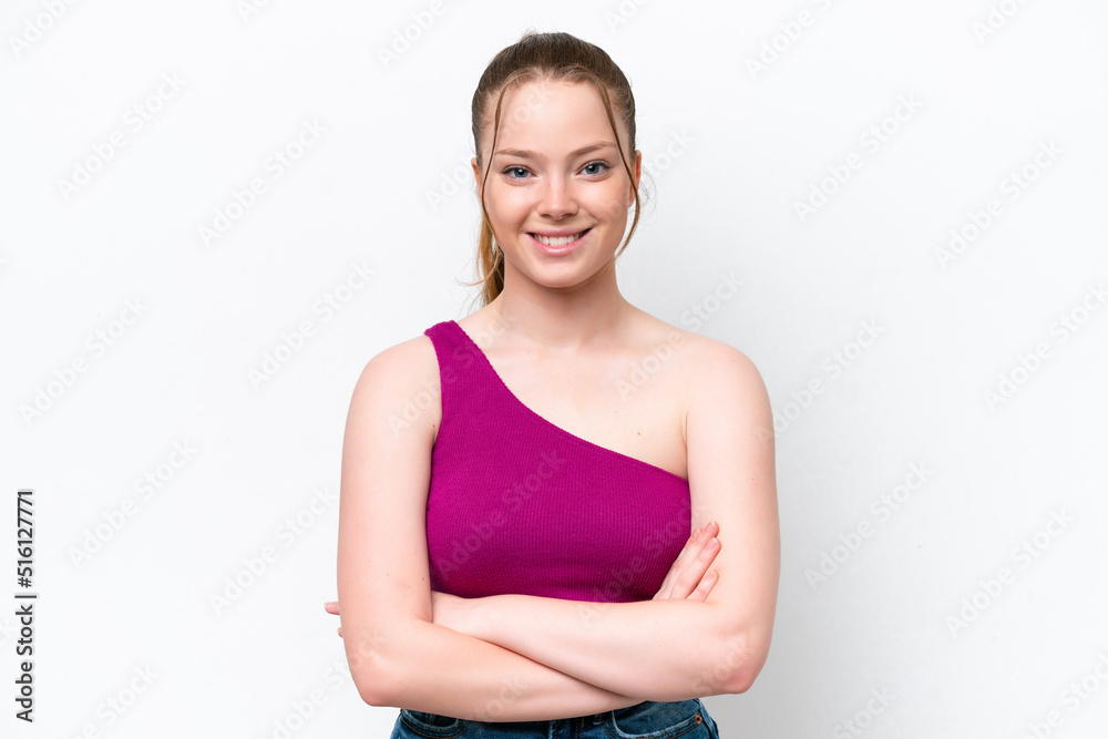 Young caucasian girl isolated on white background keeping the arms crossed in frontal position Young caucasian girl isolated on white background keeping the arms crossed in frontal position