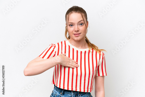Young caucasian girl isolated on white background pointing to oneself