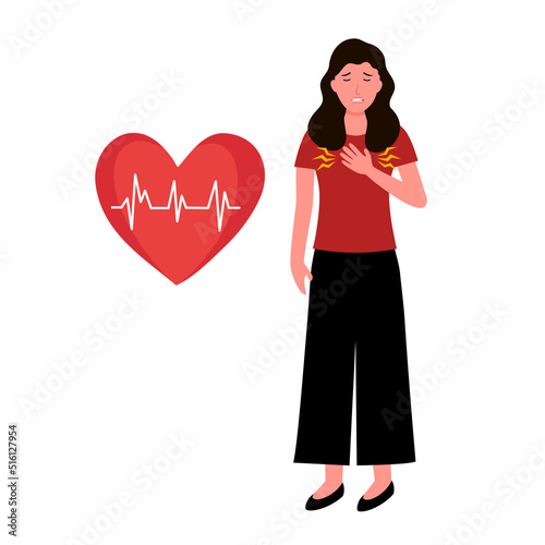 Woman hold her hand in the heart area in flat design on white background. Heart attack. Chest pain symptom. 