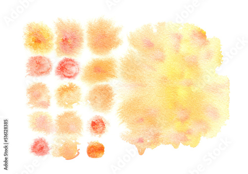 Watercolor autumn texture stroke with white background. Orange and yellow abstract landscape gradient. Peach batik graphic. Fall color painting. Design illustration brush. Aquarelle art backdrop