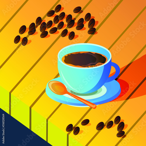 A cup of coffee. Coffee beans