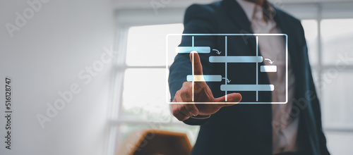 Business project management plan concept, Closeup businessman or project manager finger gesturing pointing to virtual graphic project schedule plan or Gantt chart
