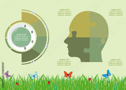 Ecological infographics template vector showing puzzle head of four pieces and labels  in graduated green color ready for your use.