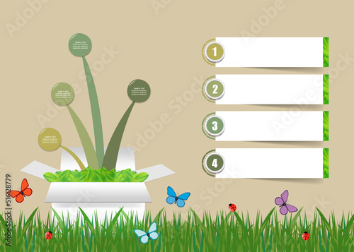 Ecological infographics vector showing graph of four circle growing out of the box and four rectangles ready for your use.