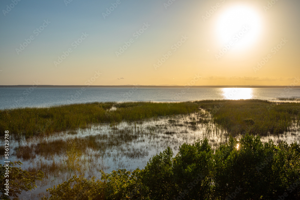 Isimangaliso Wetland Park landscape at sunset, South Africa. Beautiful panorama from South Africa.
