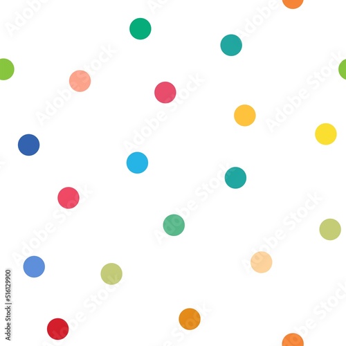 Seamless pattern of colored polka dots on a white background. 