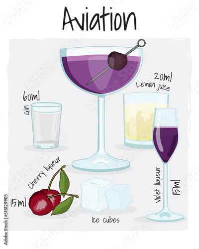 Aviation Cocktail Illustration Recipe Drink with Ingredients