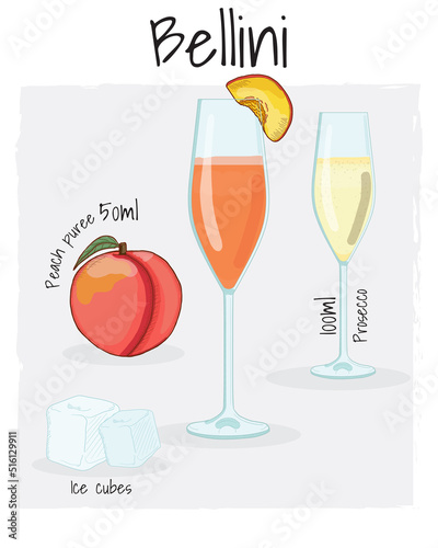 Bellini Cocktail Illustration Recipe Drink with Ingredients
