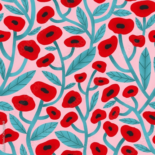 Poppy floral seamless pattern. Retro abstract cute flowers on a pink background. Summer floral textile vintage print. Pastel trendy garden ornament in 70s moody style.