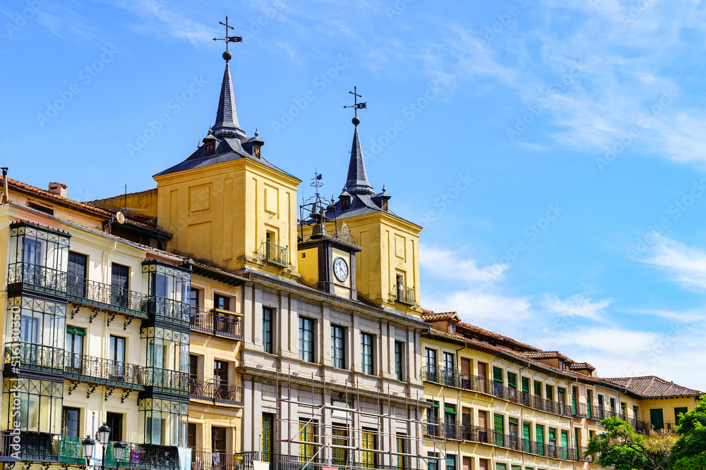 Town Hall of the medieval city of Segovia with its towers and clock in the main square, Spain.