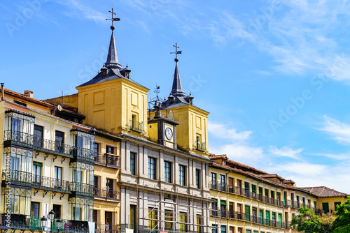 Town Hall of the medieval city of Segovia with its towers and clock in the main square, Spain.