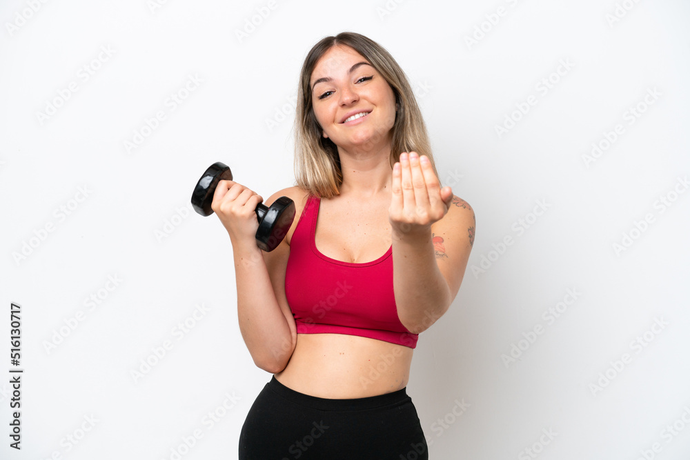 Young sport Rumanian woman making weightlifting isolated on white background inviting to come with hand. Happy that you came Young sport Rumanian woman making weightlifting isolated on white background inviting to come with hand. Happy that you came
