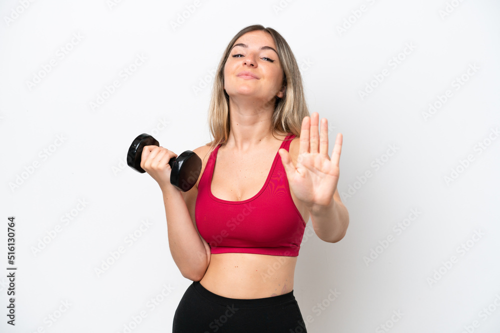 Young sport Rumanian woman making weightlifting isolated on white background counting five with fingers Young sport Rumanian woman making weightlifting isolated on white background counting five with fingers