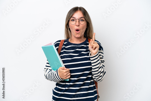 Young student Rumanian woman isolated on white background intending to realizes the solution while lifting a finger up