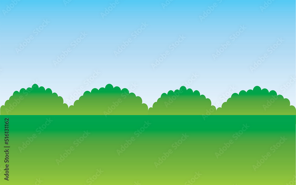 Green nature landscape and blue sky.Field and meadow.Hills and grass.Park or outdoor.Golf courses.Summer background.Garden or turf.Farm and countryside scenery.Cartoon vector illustration.Wallpaper.