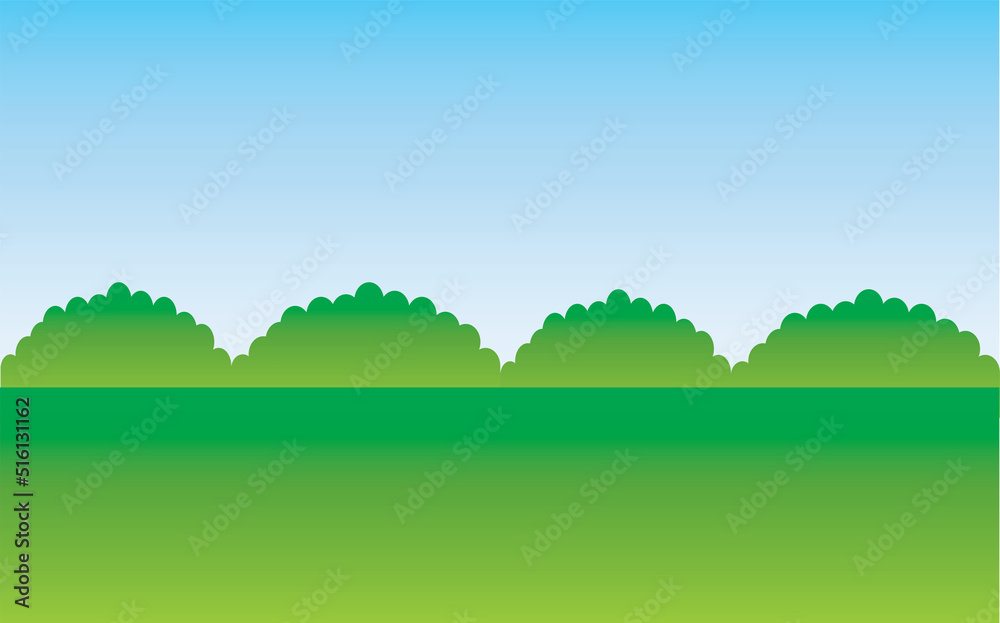 Obraz premium Green nature landscape and blue sky.Field and meadow.Hills and grass.Park or outdoor.Golf courses.Summer background.Garden or turf.Farm and countryside scenery.Cartoon vector illustration.Wallpaper.