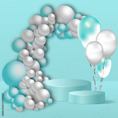 two blue stages with a balloon arch