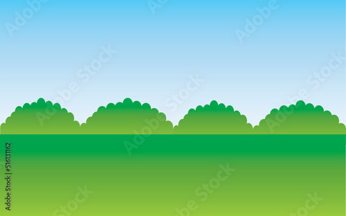 Green nature landscape and blue sky.Field and meadow.Hills and grass.Park or outdoor.Golf courses.Summer background.Garden or turf.Farm and countryside scenery.Cartoon vector illustration.Wallpaper.