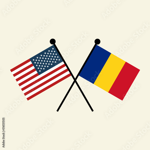 Flags of USA America and Romania with crossed position. Two national flag icons for symbol of agreement, cooperation, bilateral, negotiation, alliance, and politics.