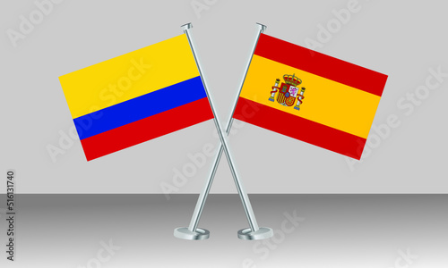 Crossed flags of Colombia and Spain. Official colors. Correct proportion. Banner design
