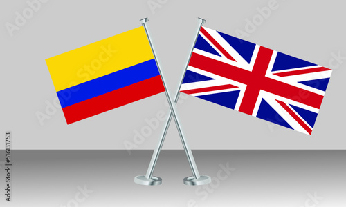Crossed flags of Colombia and United Kingdom (UK). Official colors. Correct proportion. Banner design
