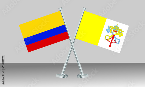 Crossed flags of Colombia and Vatican City. Official colors. Correct proportion. Banner design
